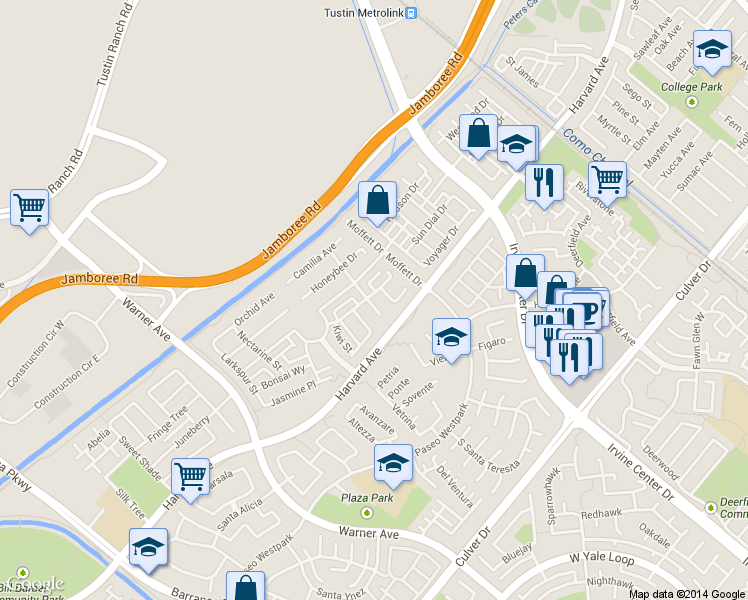 map of restaurants, bars, coffee shops, grocery stores, and more near 3307 Brenham Street in Tustin