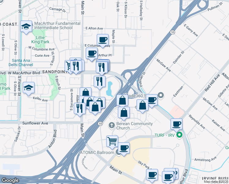 map of restaurants, bars, coffee shops, grocery stores, and more near 4 Hutton Centre Drive in Santa Ana