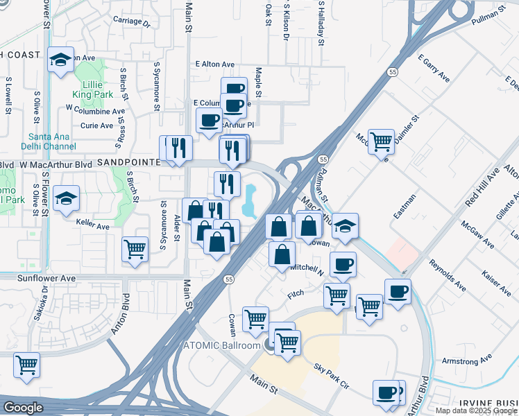 map of restaurants, bars, coffee shops, grocery stores, and more near 4 Hutton Centre Drive in Santa Ana