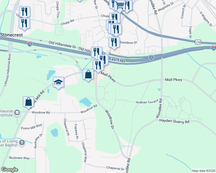 map of restaurants, bars, coffee shops, grocery stores, and more near 2962 Stonecrest Lane in Stonecrest