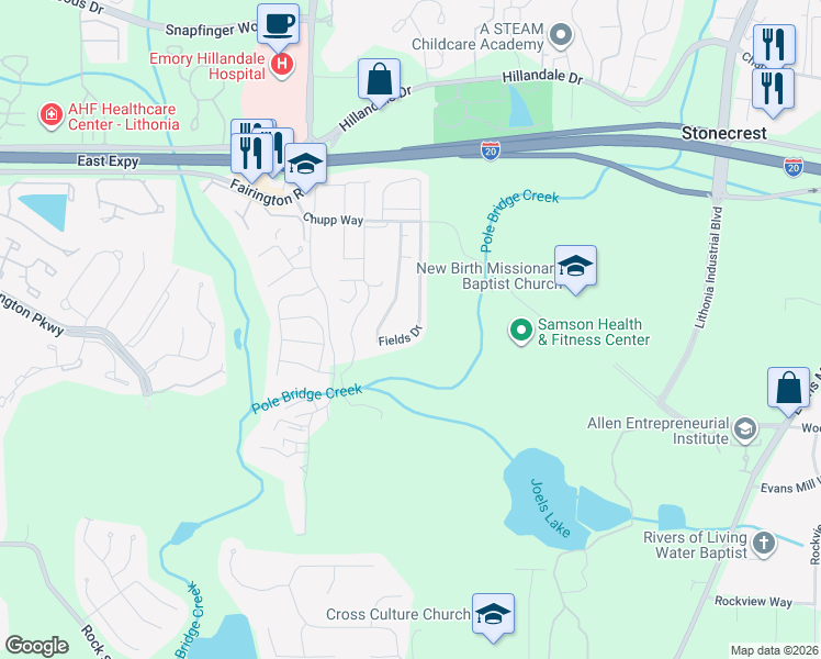 map of restaurants, bars, coffee shops, grocery stores, and more near 3030 Fields Drive in Stonecrest