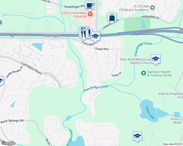 map of restaurants, bars, coffee shops, grocery stores, and more near 5863 Trent Walk Drive in Stonecrest