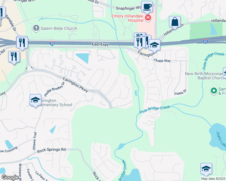 map of restaurants, bars, coffee shops, grocery stores, and more near 10302 Fairington Ridge Circle in Stonecrest