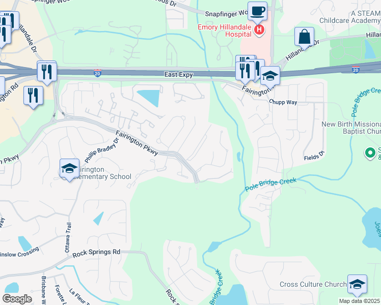 map of restaurants, bars, coffee shops, grocery stores, and more near 2302 Fairington Ridge Circle in Stonecrest