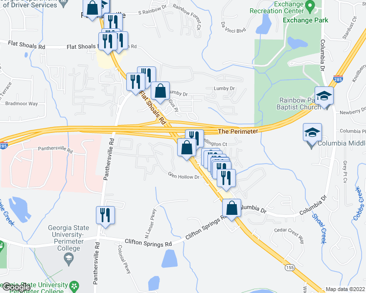 map of restaurants, bars, coffee shops, grocery stores, and more near 46 Glen Hollow Circle in Decatur