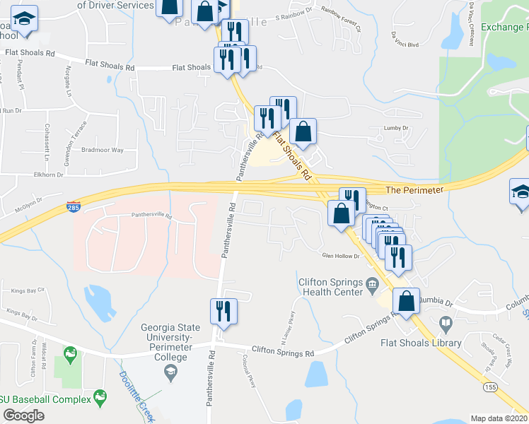 map of restaurants, bars, coffee shops, grocery stores, and more near 348 Glen Hollow Lane in Decatur