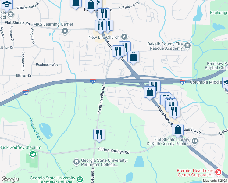 map of restaurants, bars, coffee shops, grocery stores, and more near 3099 Panthers Trce in Decatur