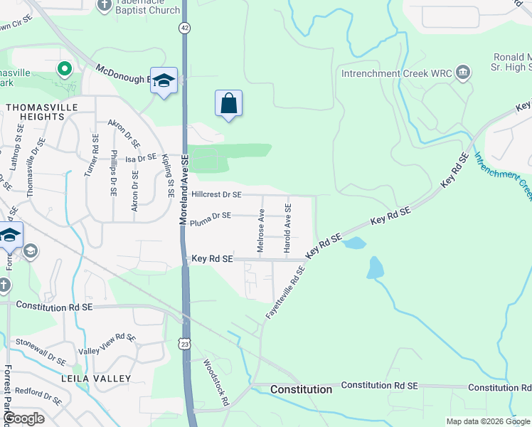 map of restaurants, bars, coffee shops, grocery stores, and more near 1122 Pluma Drive Southeast in Atlanta