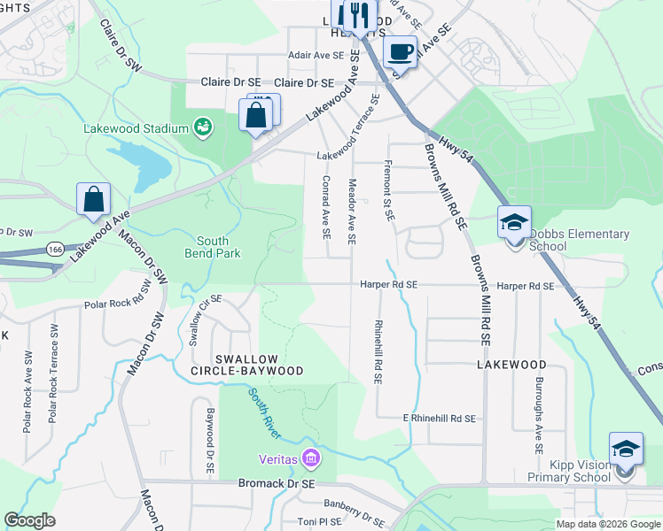 map of restaurants, bars, coffee shops, grocery stores, and more near 223 Meador Way Southeast in Atlanta