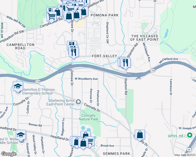 map of restaurants, bars, coffee shops, grocery stores, and more near 2106 Pinehurst Drive in East Point