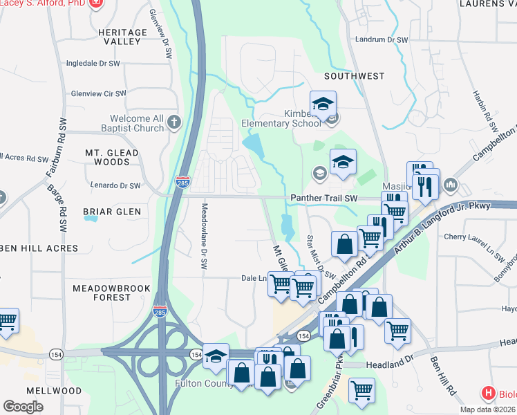 map of restaurants, bars, coffee shops, grocery stores, and more near 3196 Mount Gilead Road Southwest in Atlanta