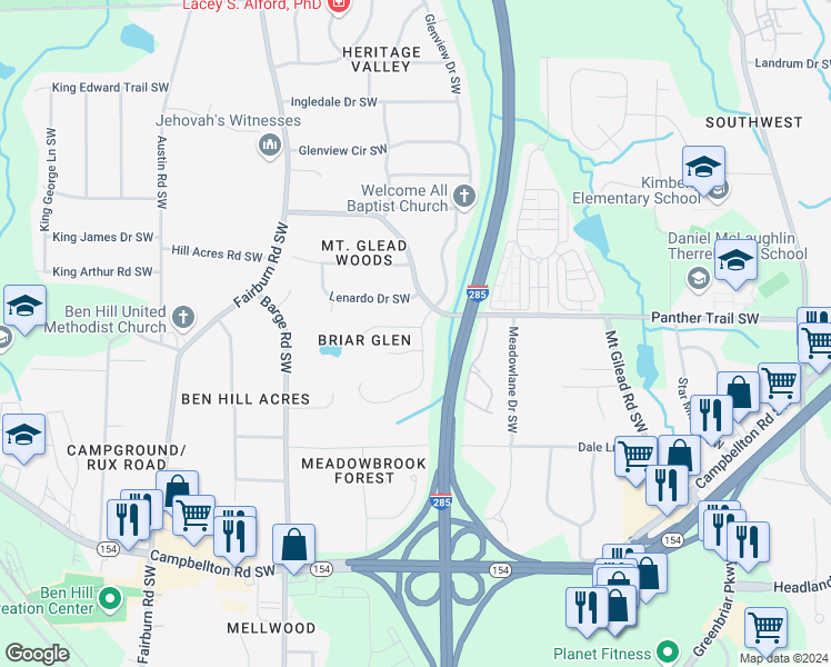 map of restaurants, bars, coffee shops, grocery stores, and more near 2001 Briar Trail Court Southwest in Atlanta