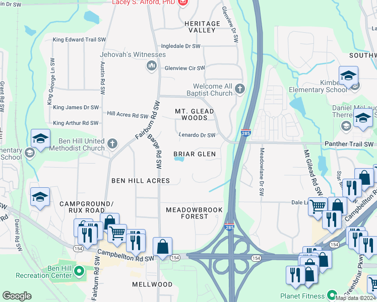 map of restaurants, bars, coffee shops, grocery stores, and more near 2025 Briar Ridge Way Southwest in Atlanta