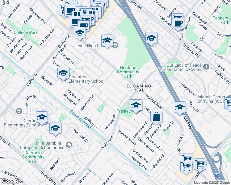 map of restaurants, bars, coffee shops, grocery stores, and more near 4571 Kimberwick Circle in Irvine
