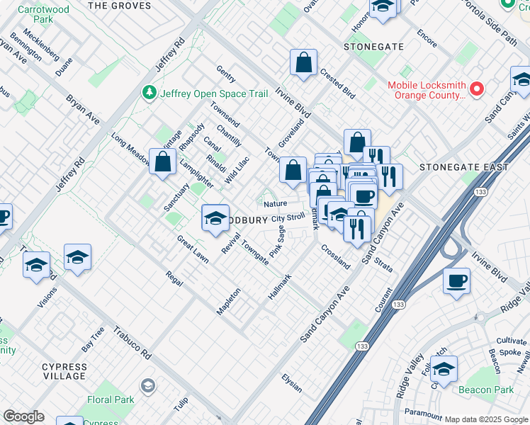 map of restaurants, bars, coffee shops, grocery stores, and more near 29 City Stroll in Irvine