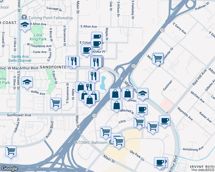 map of restaurants, bars, coffee shops, grocery stores, and more near 4 Hutton Centre Drive in Santa Ana