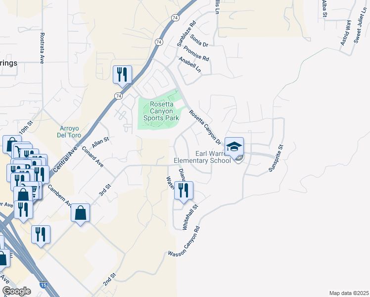 map of restaurants, bars, coffee shops, grocery stores, and more near 40992 Bankhall Street in Lake Elsinore
