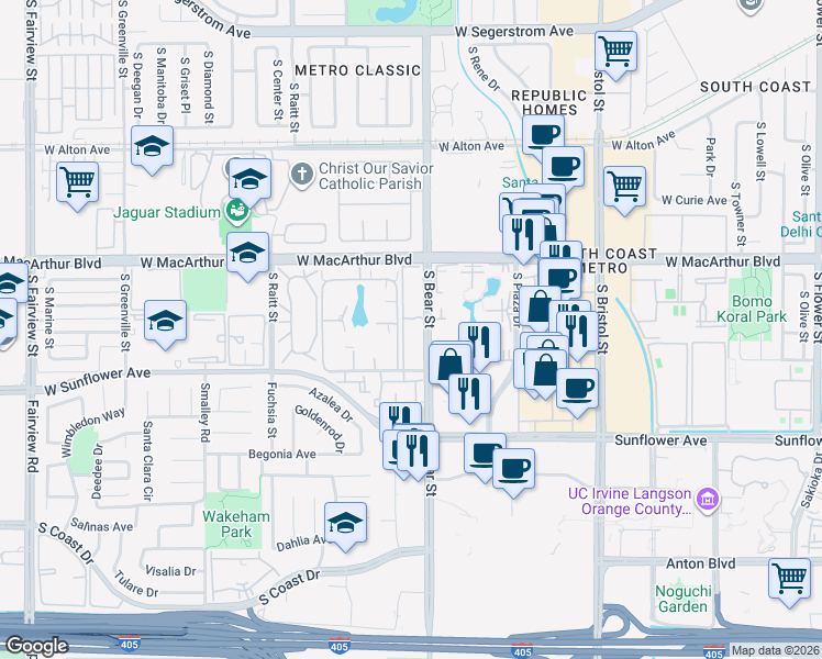 map of restaurants, bars, coffee shops, grocery stores, and more near 3710 South Bear Street in Santa Ana