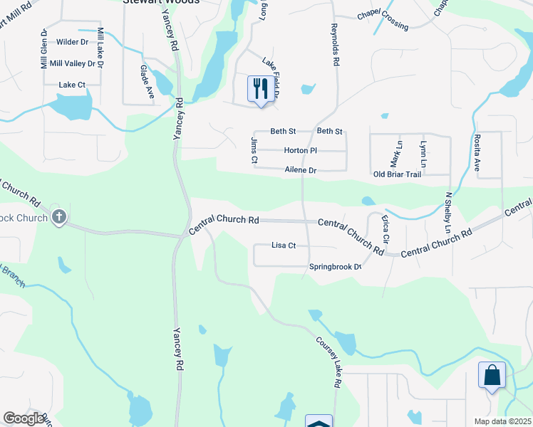 map of restaurants, bars, coffee shops, grocery stores, and more near 5062 Central Church Road in Douglasville
