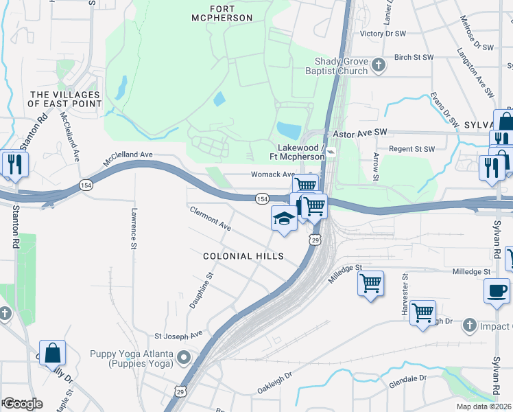 map of restaurants, bars, coffee shops, grocery stores, and more near 1362 Chambers Avenue in East Point