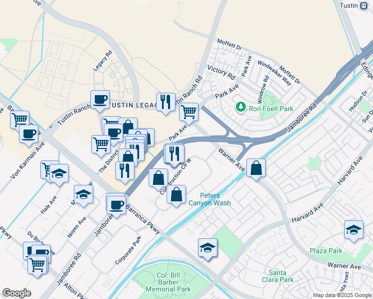 map of restaurants, bars, coffee shops, grocery stores, and more near 16101 Construction Circle West in Irvine