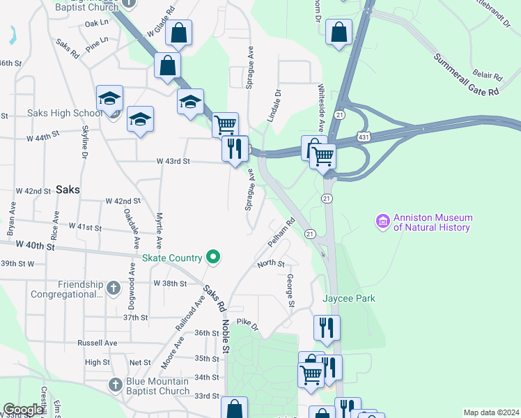 map of restaurants, bars, coffee shops, grocery stores, and more near 4114 Whiteside Avenue in Anniston