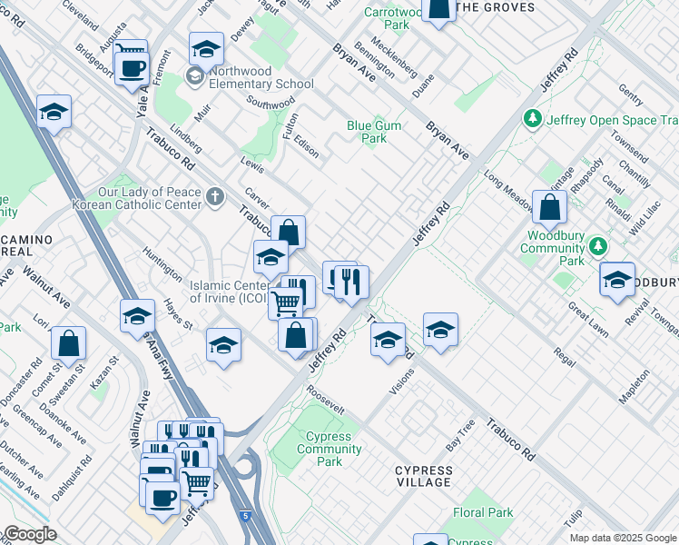 map of restaurants, bars, coffee shops, grocery stores, and more near 52 Secret Garden in Irvine