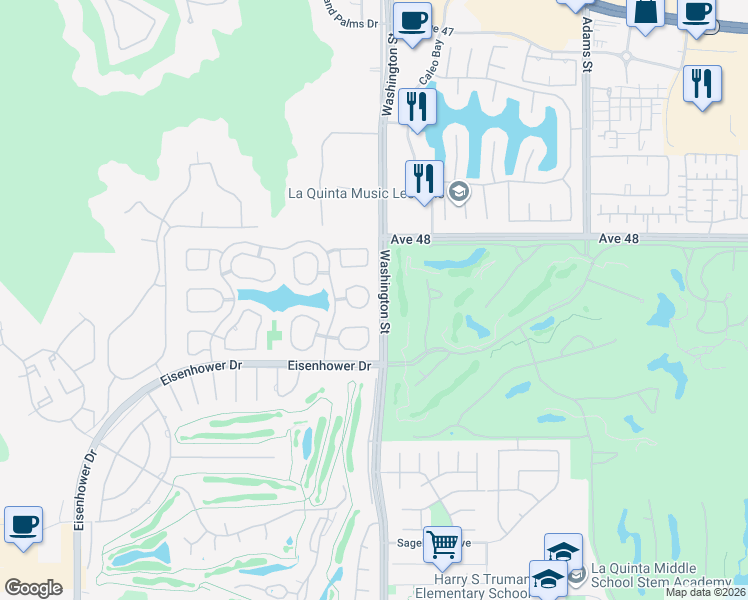 map of restaurants, bars, coffee shops, grocery stores, and more near 48119 Vía Hermosa in La Quinta