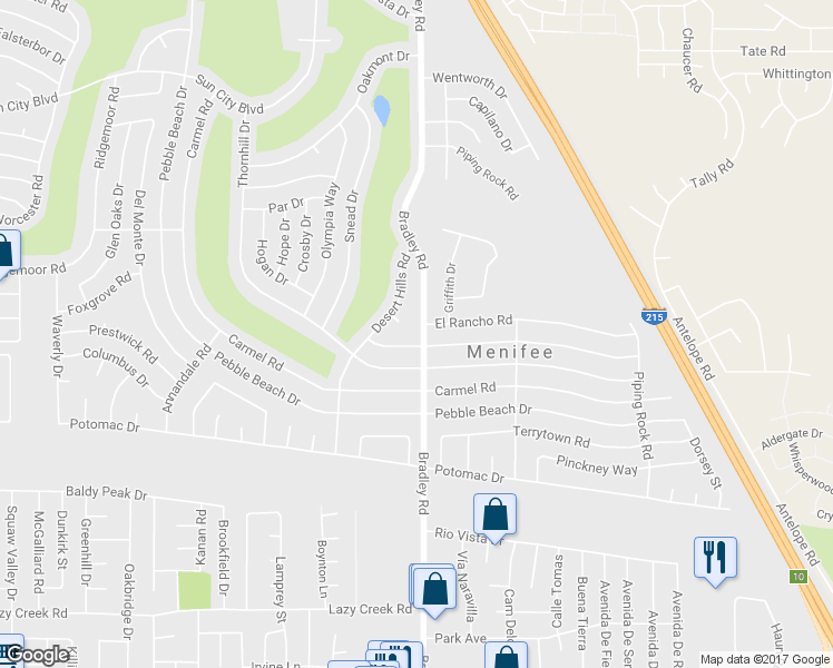 map of restaurants, bars, coffee shops, grocery stores, and more near 29167 Bradley Road in Menifee