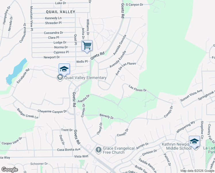 map of restaurants, bars, coffee shops, grocery stores, and more near 29121 Avenue De Las Flores in Menifee