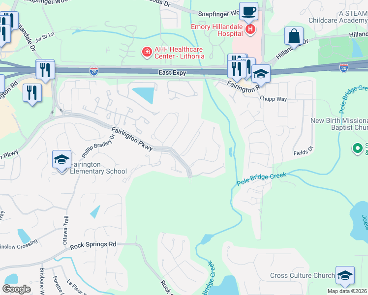 map of restaurants, bars, coffee shops, grocery stores, and more near 1203 Fairington Ridge Circle in Stonecrest