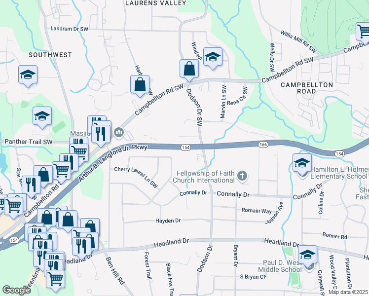 map of restaurants, bars, coffee shops, grocery stores, and more near Arthur B. Langford Jr. Parkway in Atlanta