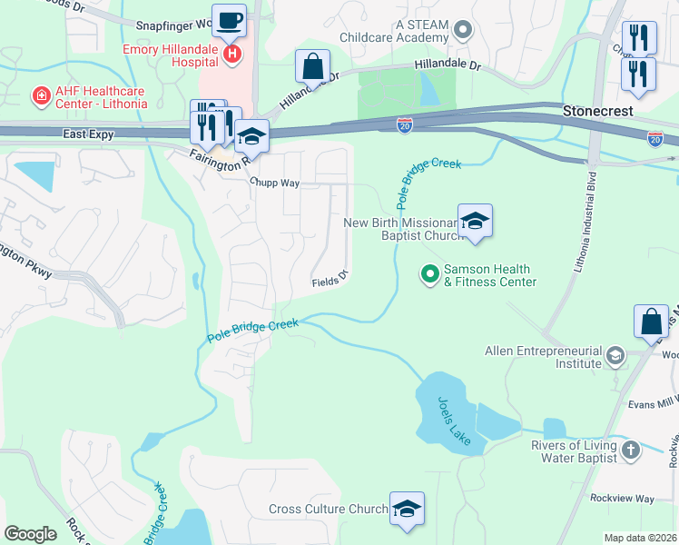 map of restaurants, bars, coffee shops, grocery stores, and more near 3030 Fields Drive in Stonecrest