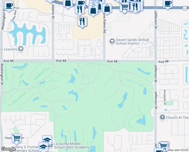 map of restaurants, bars, coffee shops, grocery stores, and more near 48295 Casita Drive in La Quinta