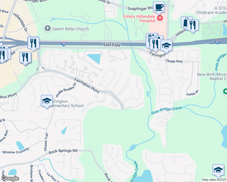 map of restaurants, bars, coffee shops, grocery stores, and more near 1203 Fairington Village Drive in Lithonia