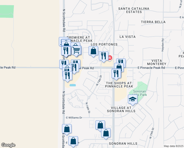 map of restaurants, bars, coffee shops, grocery stores, and more near 7329 Casitas Del Rio Drive in Scottsdale