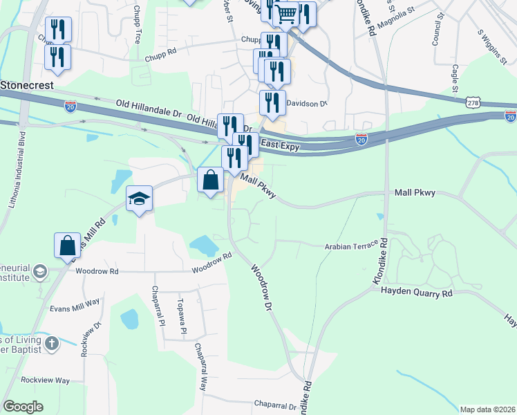 map of restaurants, bars, coffee shops, grocery stores, and more near 2962 Stonecrest Lane in Stonecrest