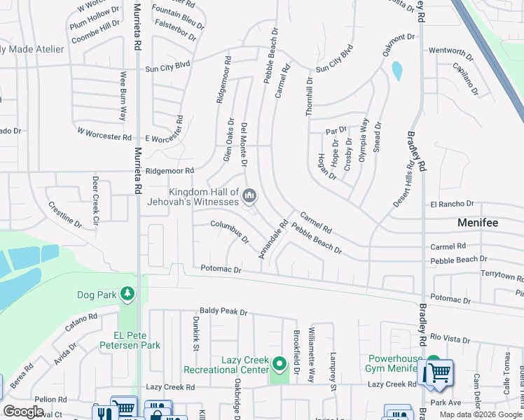 map of restaurants, bars, coffee shops, grocery stores, and more near 29120 Del Monte Drive in Menifee