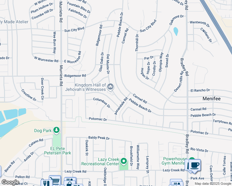 map of restaurants, bars, coffee shops, grocery stores, and more near 29120 Del Monte Drive in Menifee