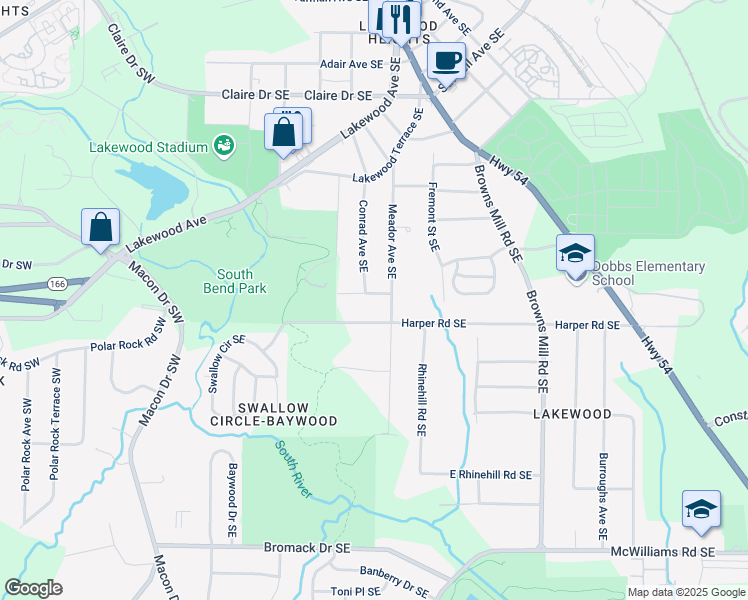 map of restaurants, bars, coffee shops, grocery stores, and more near 223 Meador Way Southeast in Atlanta