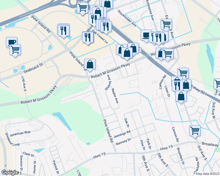 map of restaurants, bars, coffee shops, grocery stores, and more near 1261 Naylor Avenue in Myrtle Beach