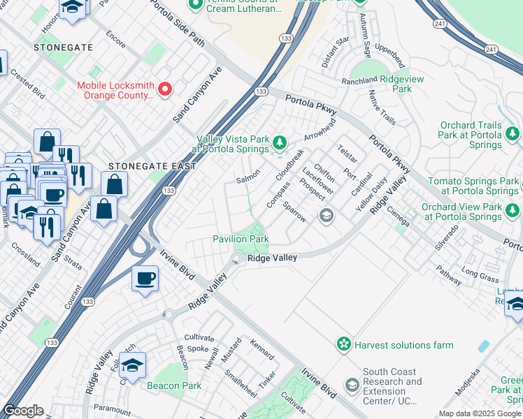 map of restaurants, bars, coffee shops, grocery stores, and more near 181 Compass in Irvine