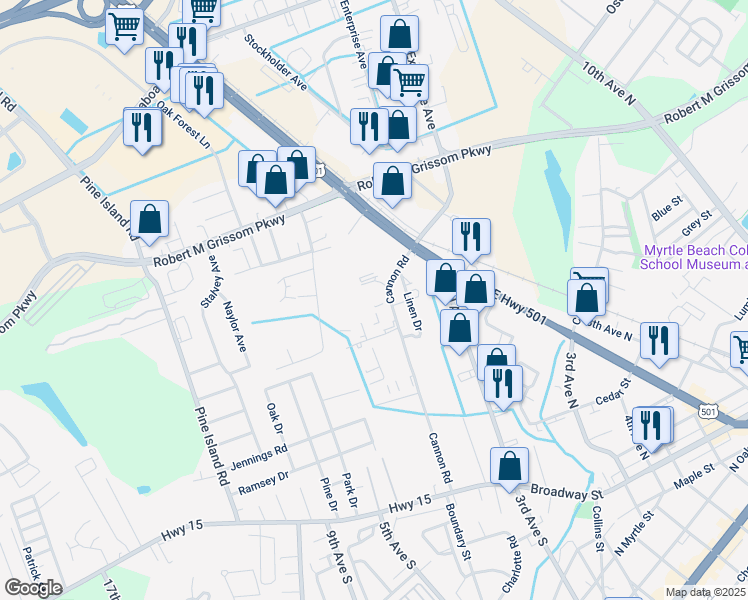 map of restaurants, bars, coffee shops, grocery stores, and more near 1455 Cannon Road in Myrtle Beach