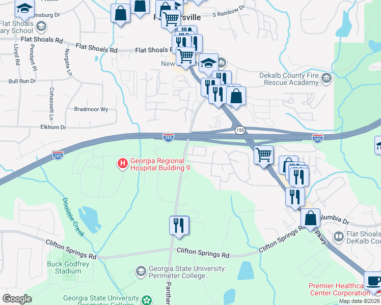 map of restaurants, bars, coffee shops, grocery stores, and more near 3241 Panthers Trce in Decatur