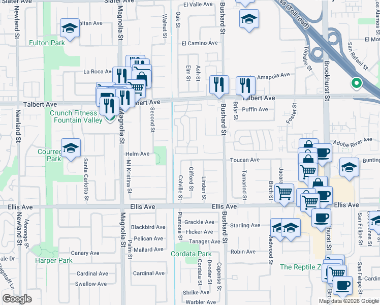 map of restaurants, bars, coffee shops, grocery stores, and more near 201 Road Runner Lane in Fountain Valley
