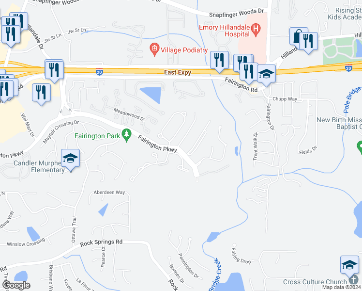 map of restaurants, bars, coffee shops, grocery stores, and more near 1101 Fairington Village Drive in Lithonia