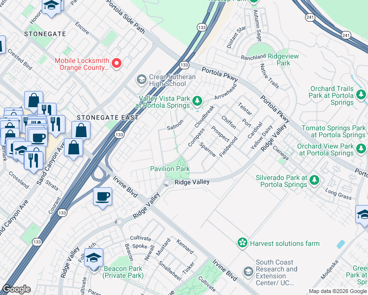 map of restaurants, bars, coffee shops, grocery stores, and more near 179 Pepperoot in Irvine