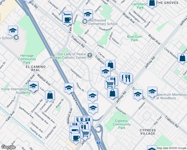 map of restaurants, bars, coffee shops, grocery stores, and more near 41 Cartier Aisle in Irvine