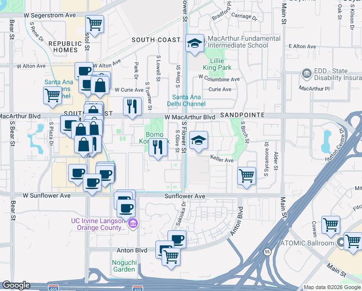 map of restaurants, bars, coffee shops, grocery stores, and more near 3729 South Olive Street in Santa Ana