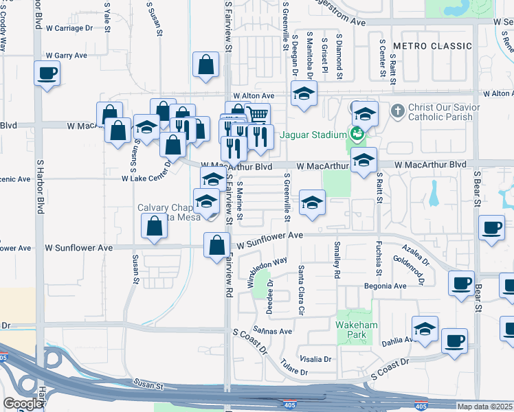 map of restaurants, bars, coffee shops, grocery stores, and more near 2708 West Aurora Street in Santa Ana